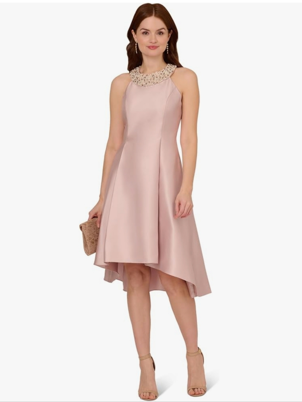 Adrianna Papell ✨️ Mikado Pearl and Crystal Embellished Blush Dress Size 14